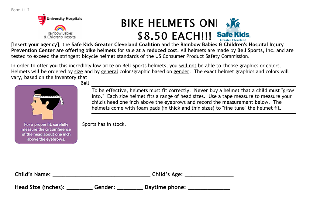 Bike Helmet Order Form for Individuals