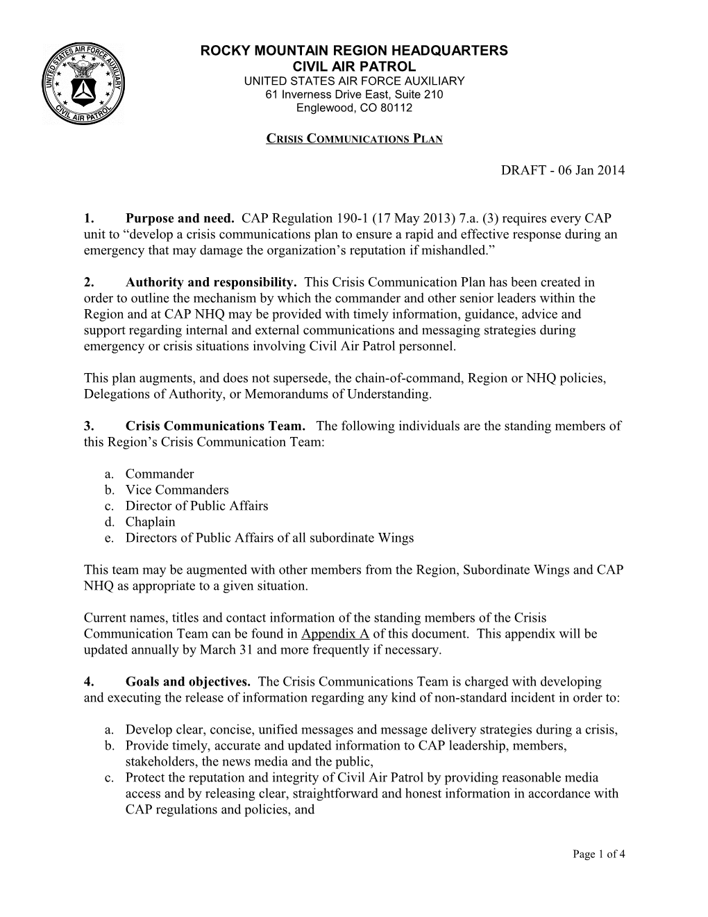 Crisis Communications Plan Rocky Mountain Region XX January 2014