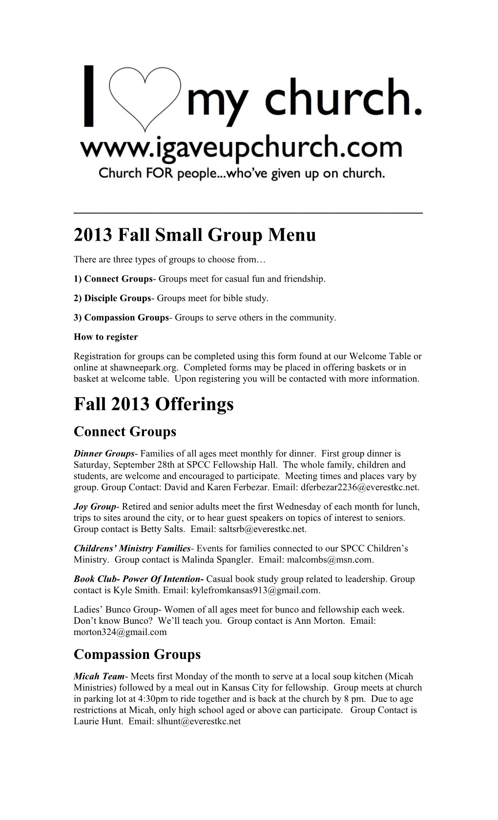 2013 Fall Small Group Menu