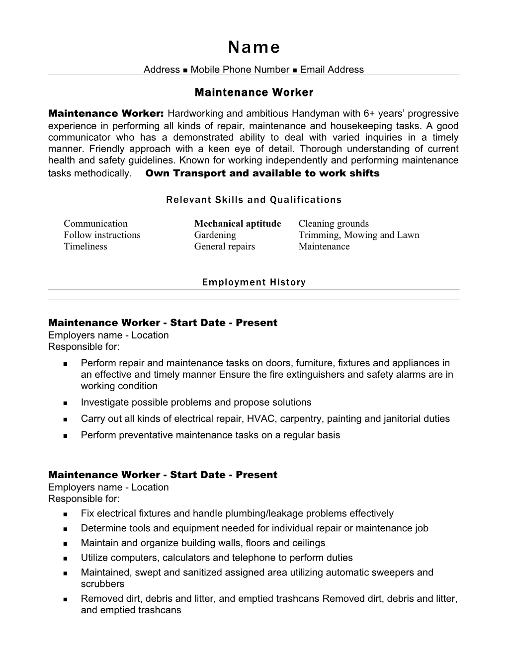 Sample Resume for a Construction/Carpenter's Assistant