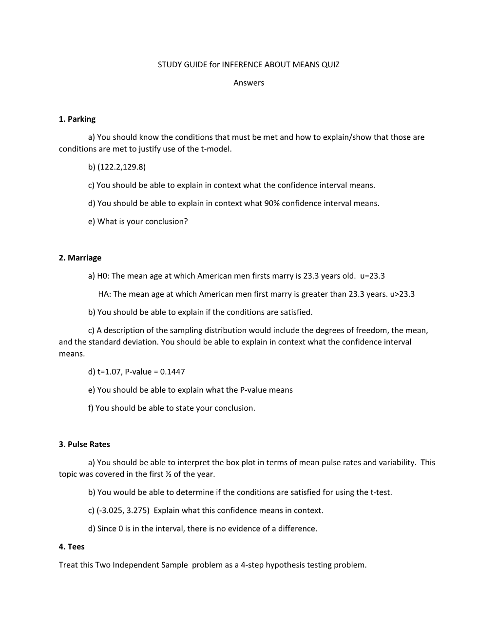 STUDY GUIDE for INFERENCE ABOUT MEANS QUIZ