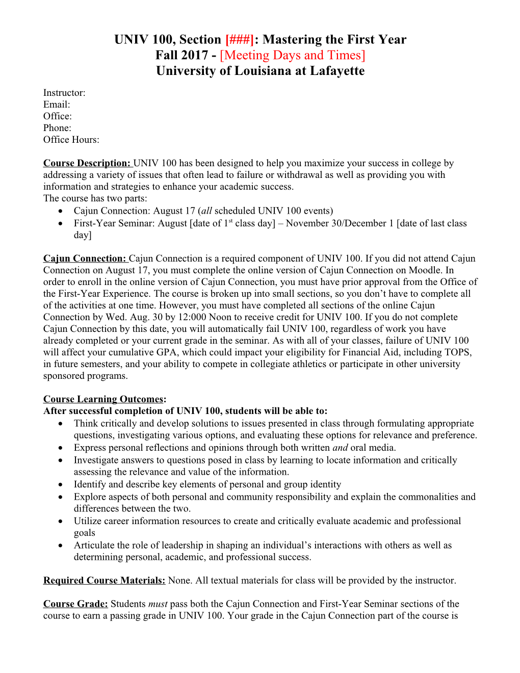 UNIV 100, Section : Mastering the First Year