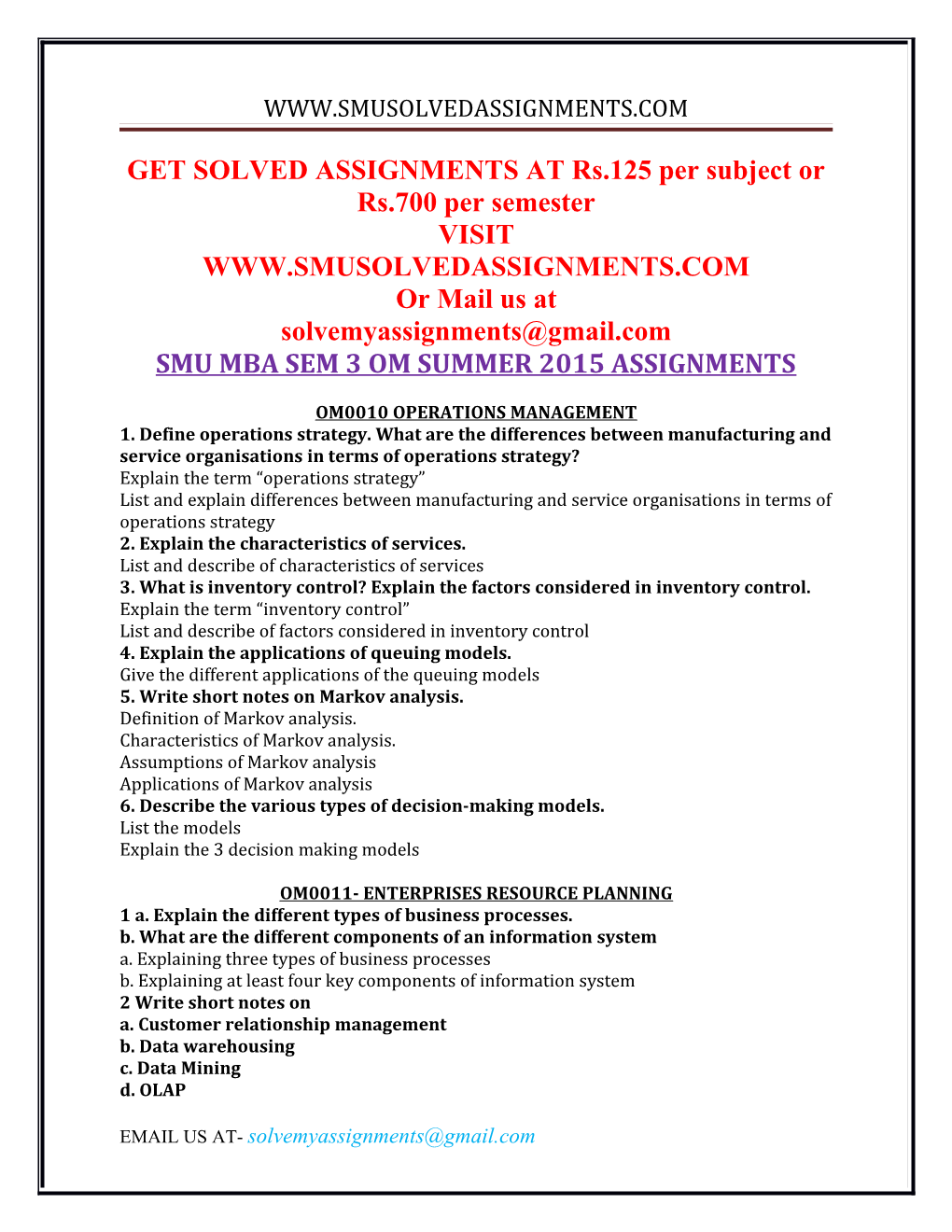 GET SOLVED ASSIGNMENTS at Rs.125 Per Subject Or Rs.700 Per Semester s2
