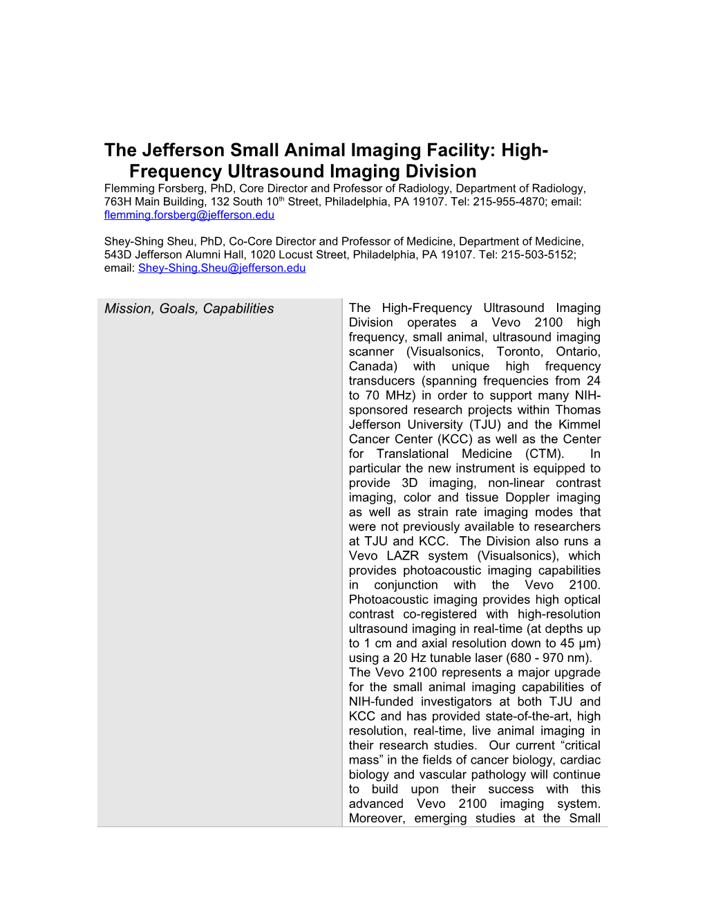 The Jefferson Small Animal Imaging Facility: High-Frequency Ultrasound Imaging Division