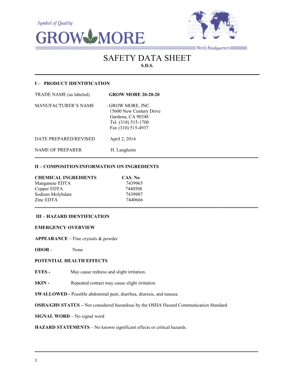 Material Safety Data Sheet s109