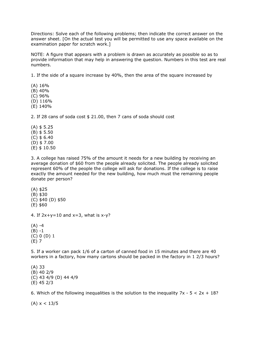 Directions: Solve Each of the Following Problems; Then Indicate the Correct Answer on The