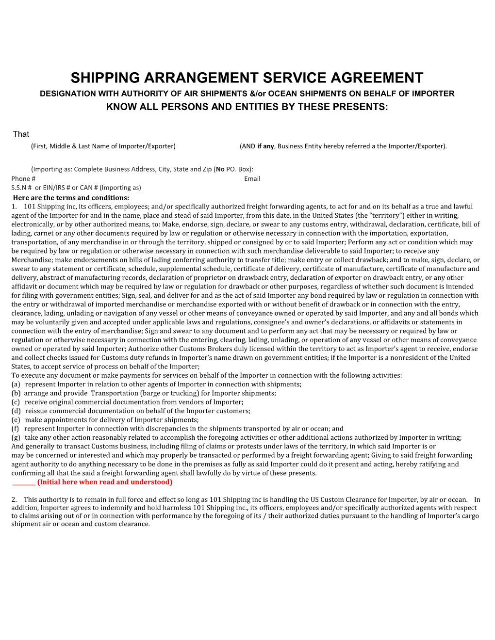 Shipping Arrangement Service Agreement