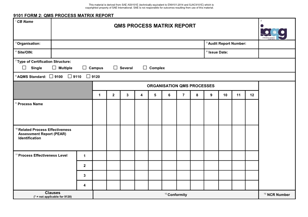 9101 Form 2: QMS Process Matrix Report