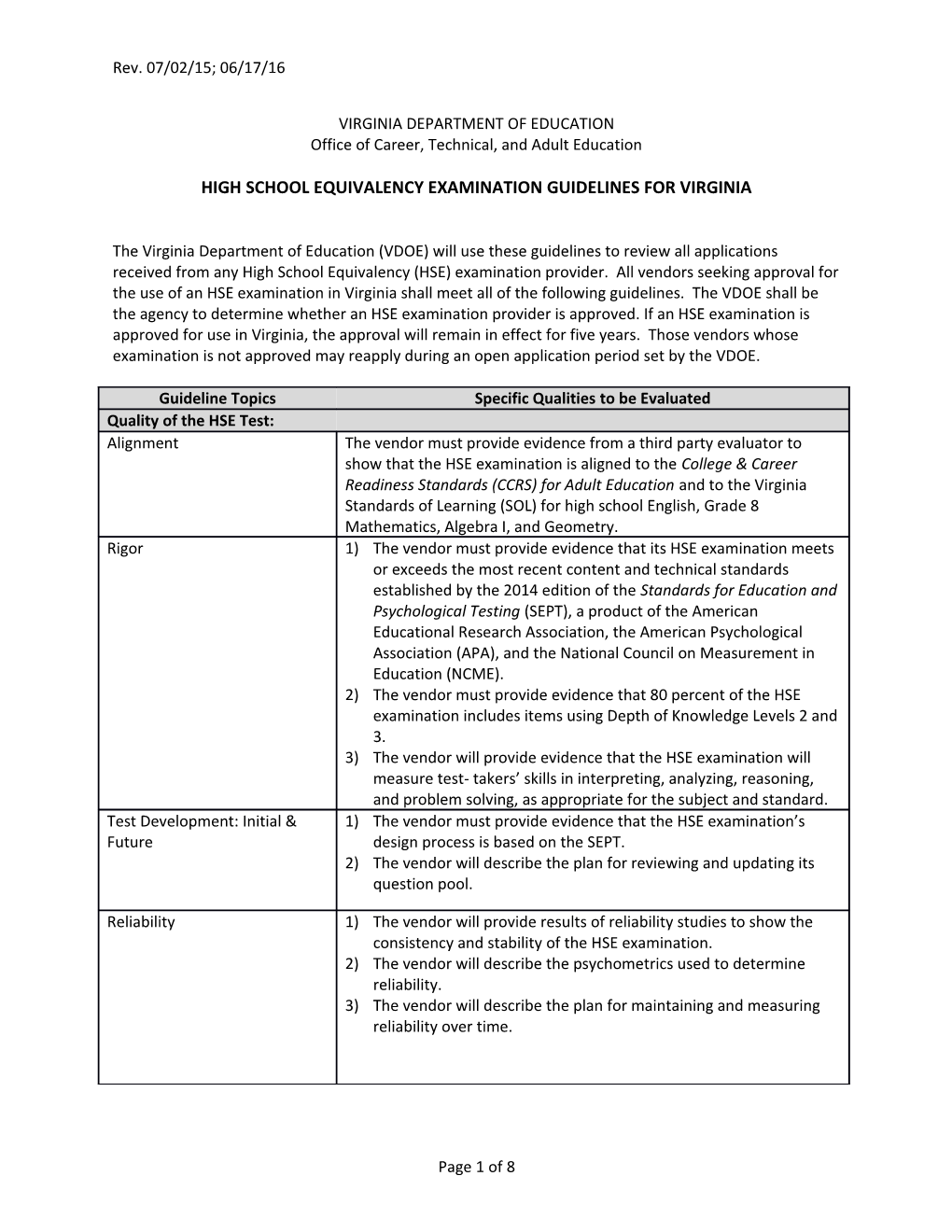 High School Equivalency Examination Guidelines for Virginia