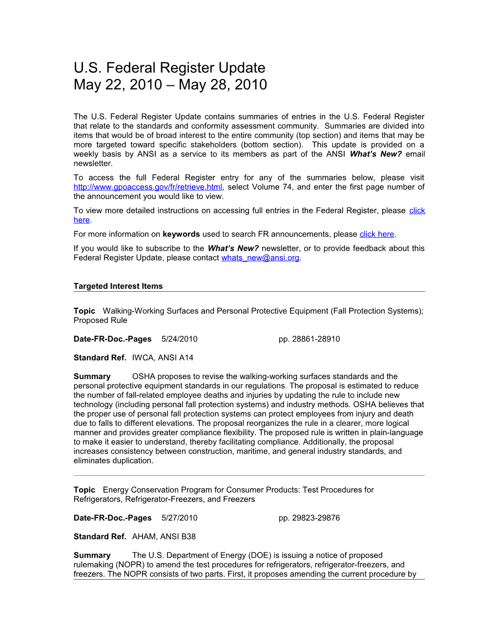 Standards and Trade Related Notices from the U.S. Federal Register, 05.28.2010