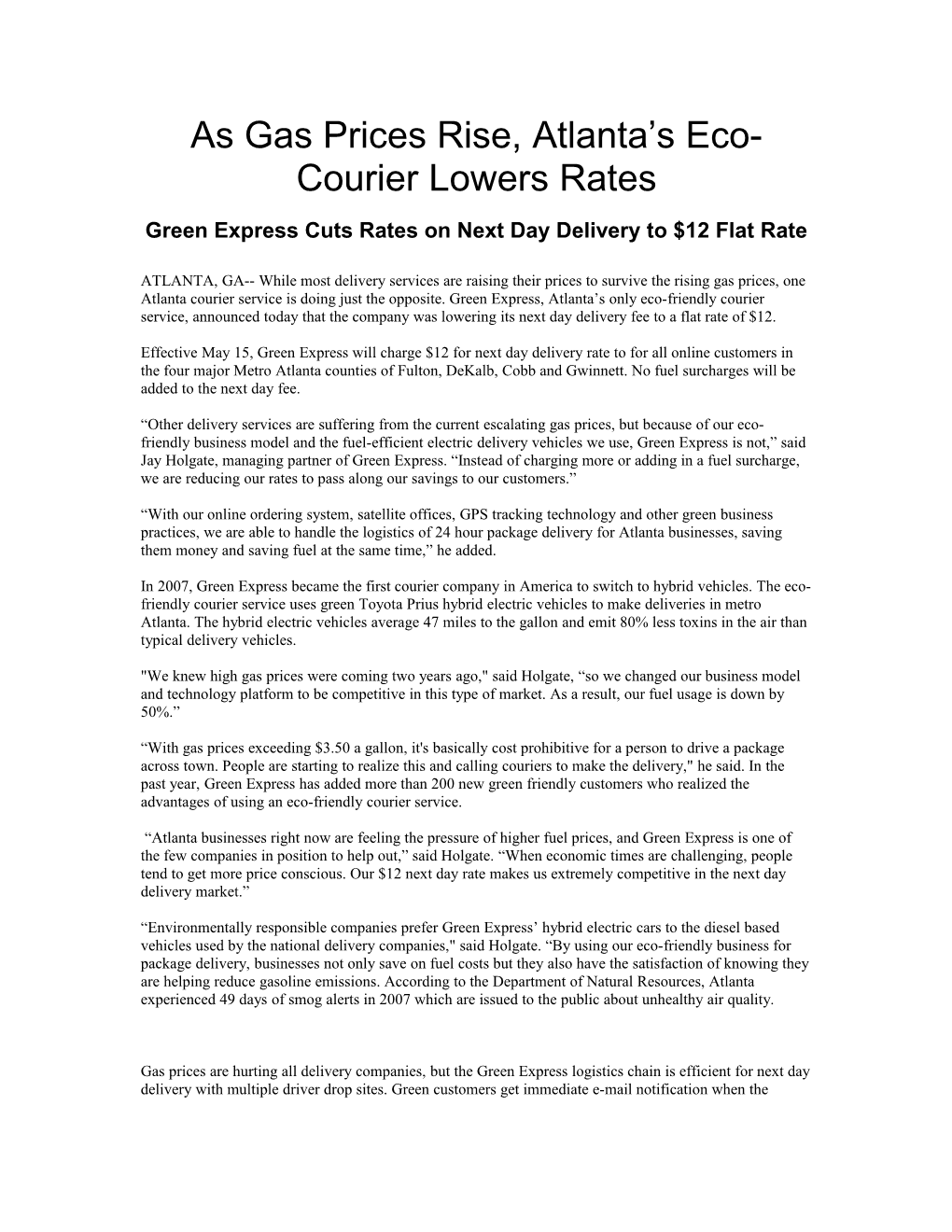 As Gas Prices Rise, Eco-Courier Lowers Rates