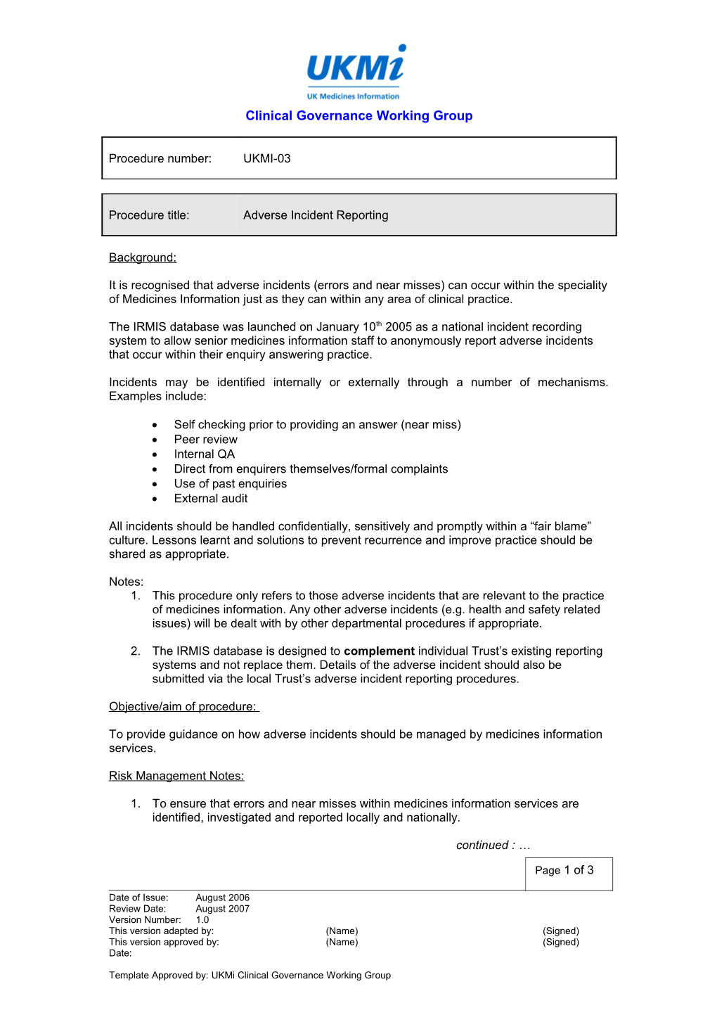 Clinical Governance Working Group