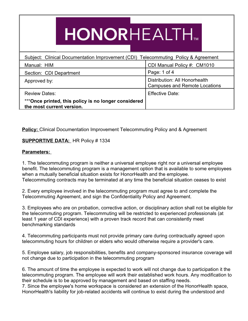 Policy:Clinical Documentation Improvement Telecommuting Policy and & Agreement