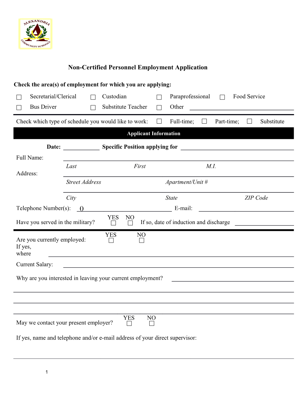 Non-Certified Personnel Employment Application