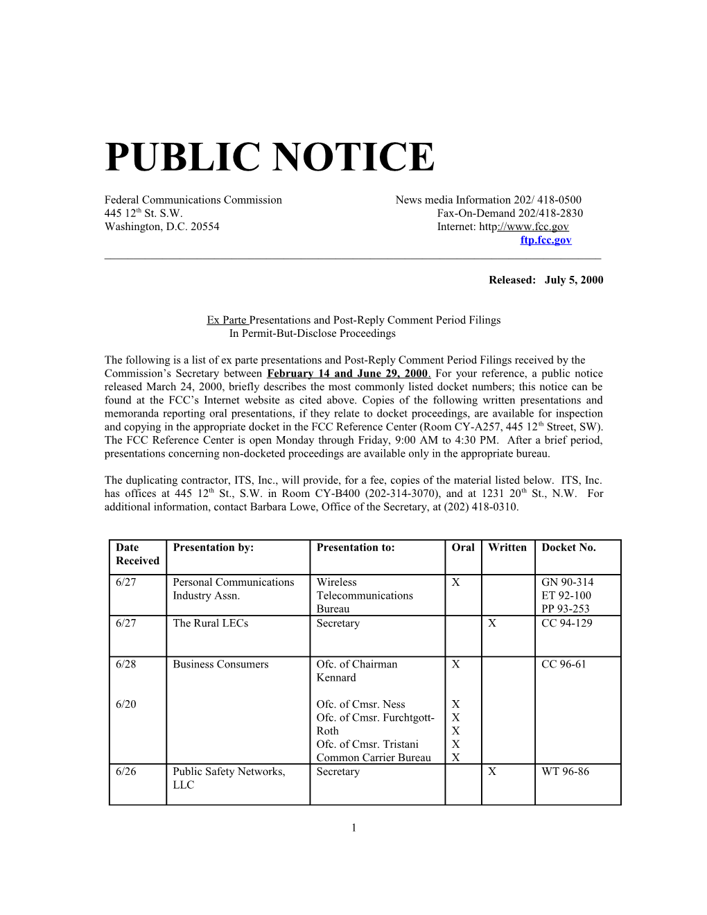 Ex Parte Presentations and Post-Reply Comment Period Filings