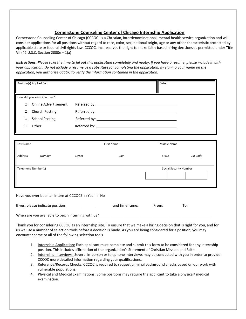 Cornerstone Counseling Center of Chicago Internship Application