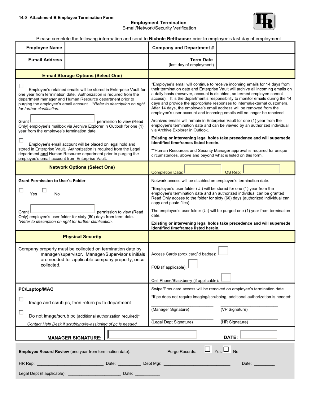 14.0 Attachment B Employee Termination Form