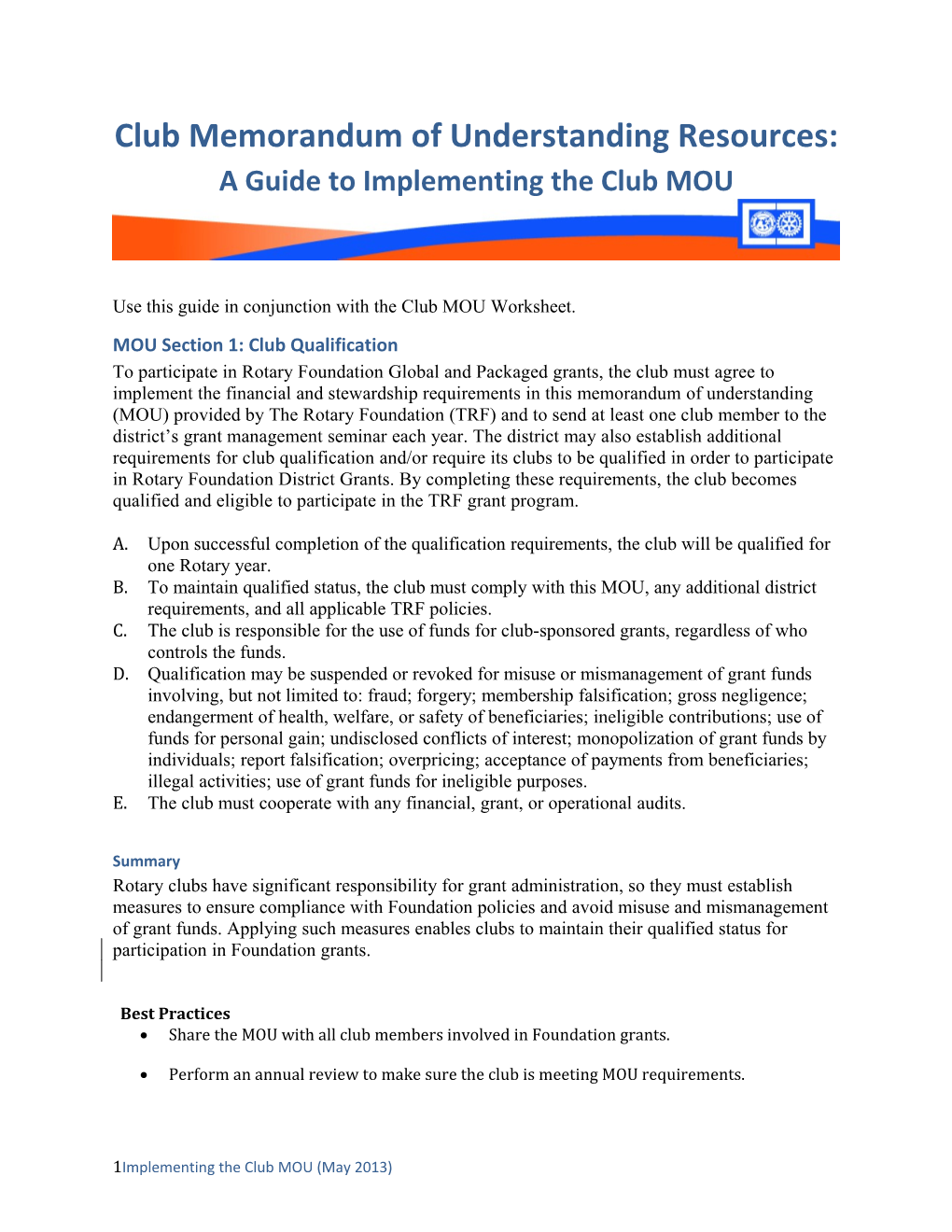 Club Memorandum of Understanding Resources