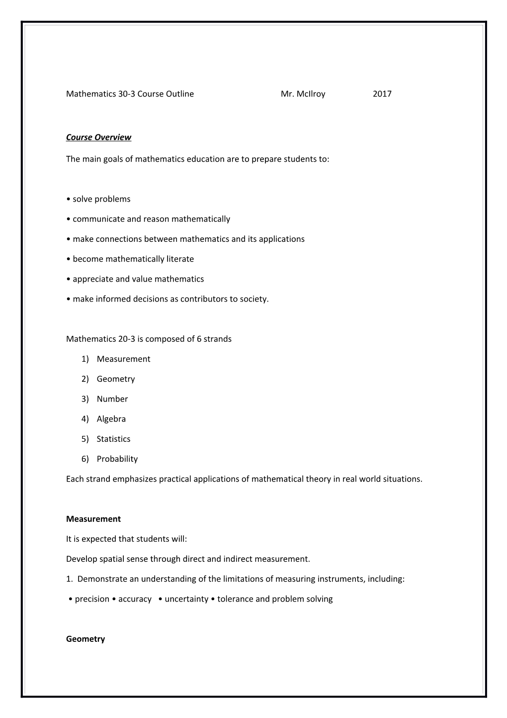 Mathematics 30-3 Course Outlinemr. Mcilroy2017