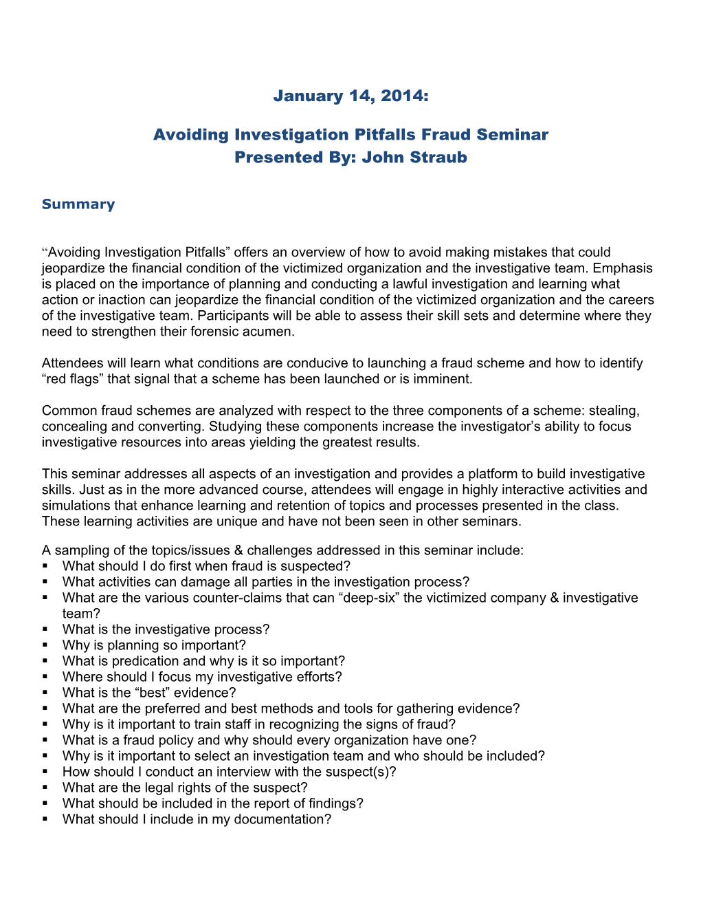Avoiding Investigation Pitfalls Fraud Seminar