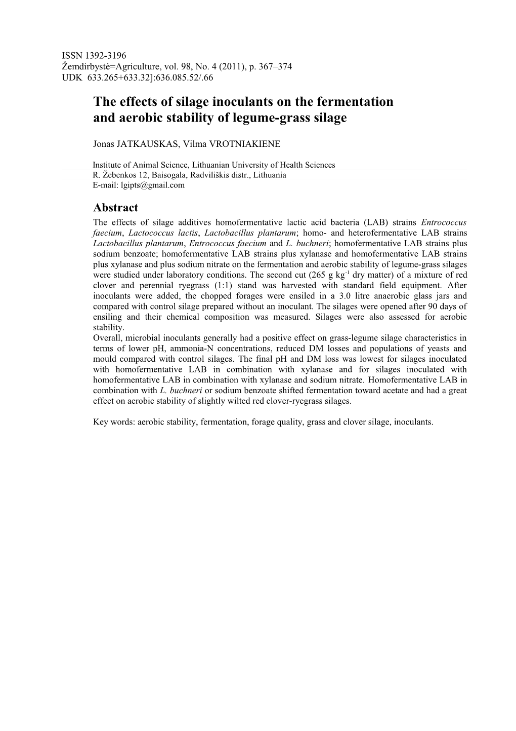 The Effects of Silage Inoculants on the Fermentation and Aerobic Stability of Legume-Grass