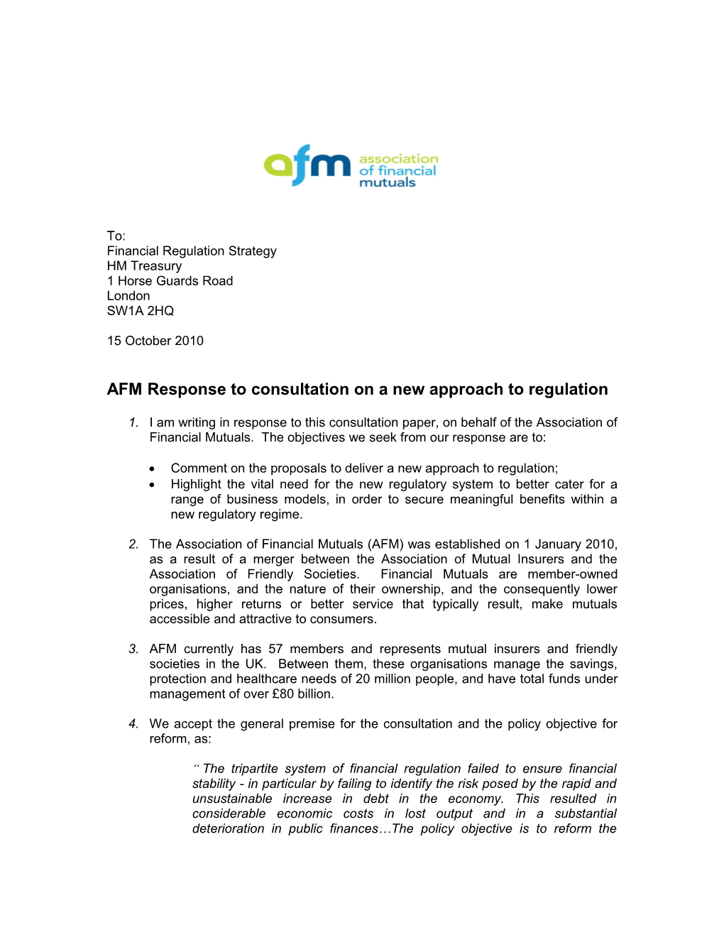 AFM Response to Consultation on a New Approach to Regulation