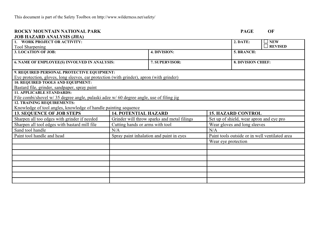 Job Hazard Analysis - Tool Sharpening