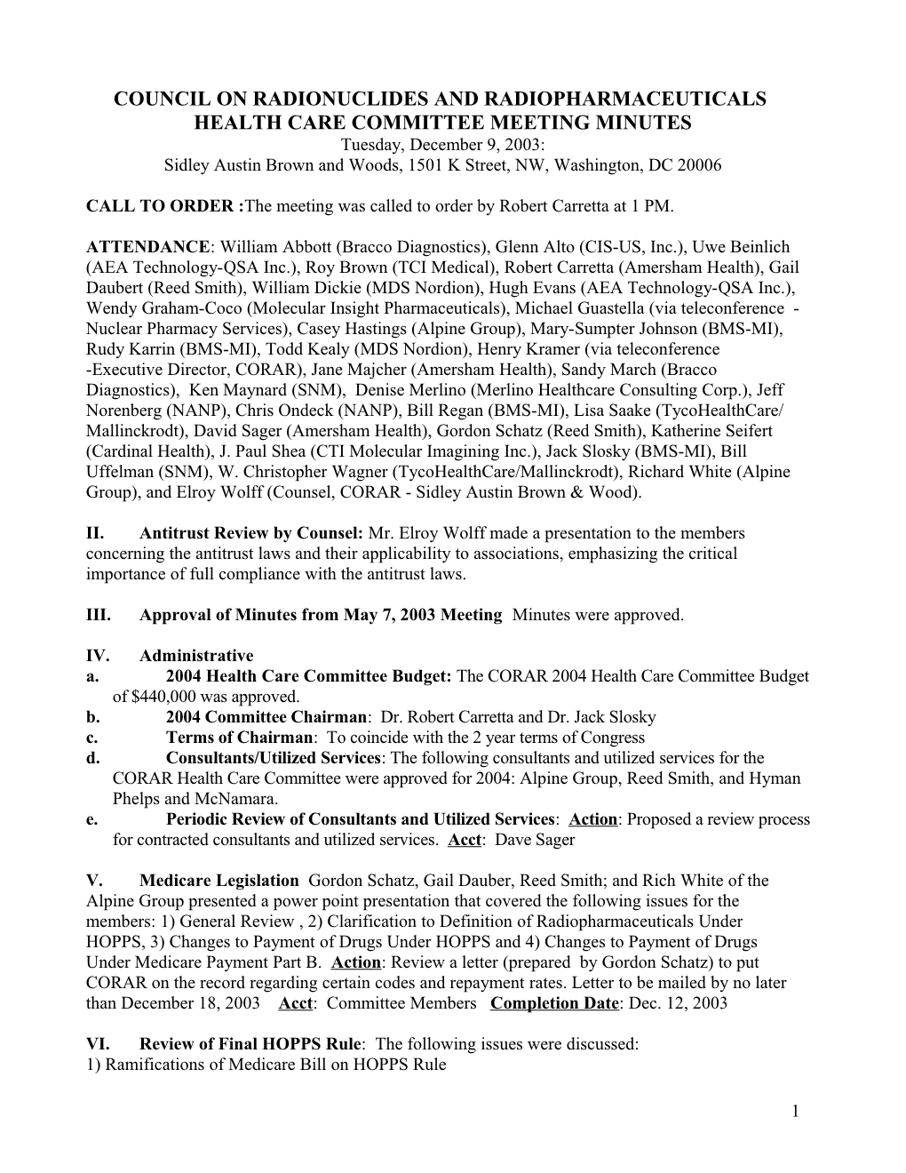 CORAR Health Care Committee Agenda 5-7-03