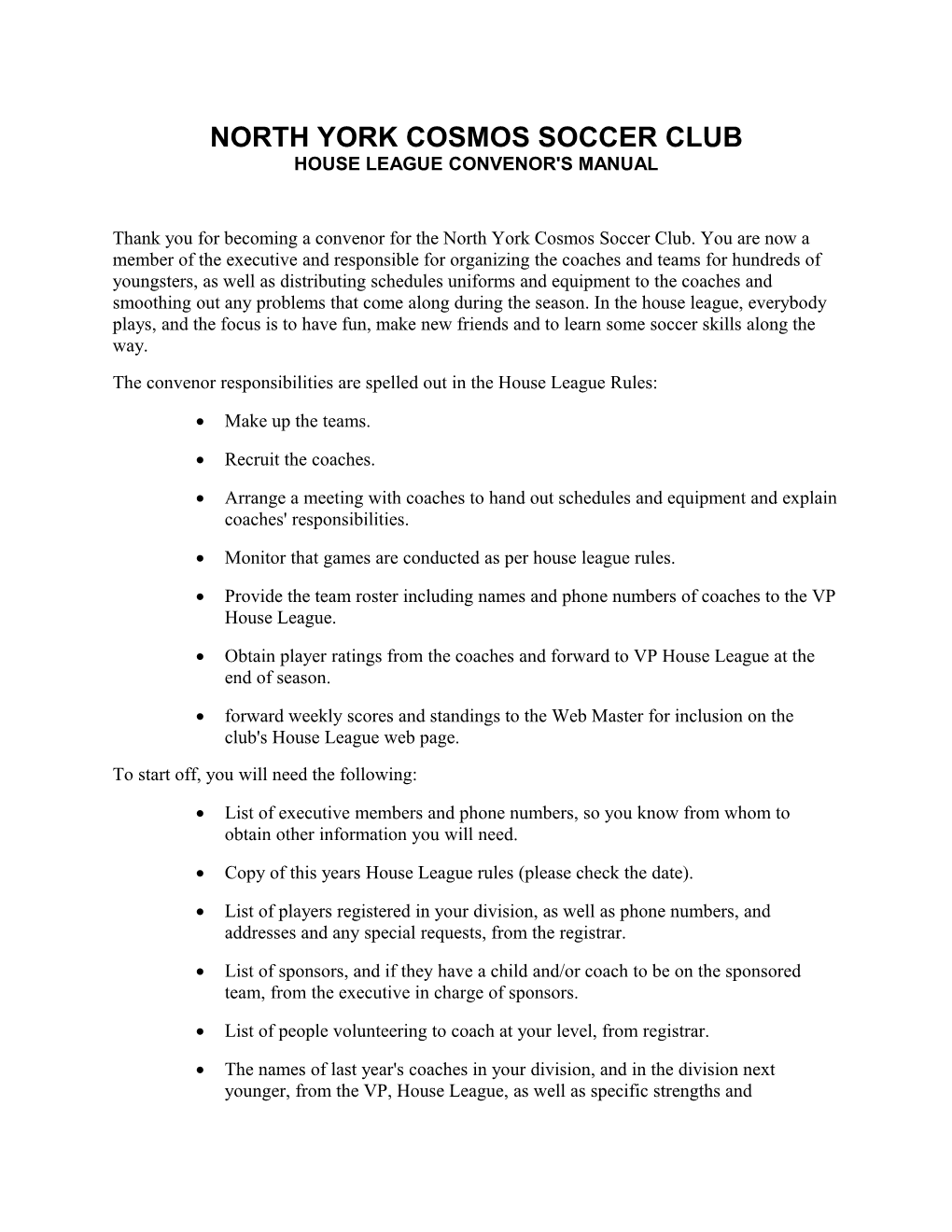 North York Cosmos Soccer Club (Convenor's Manual)