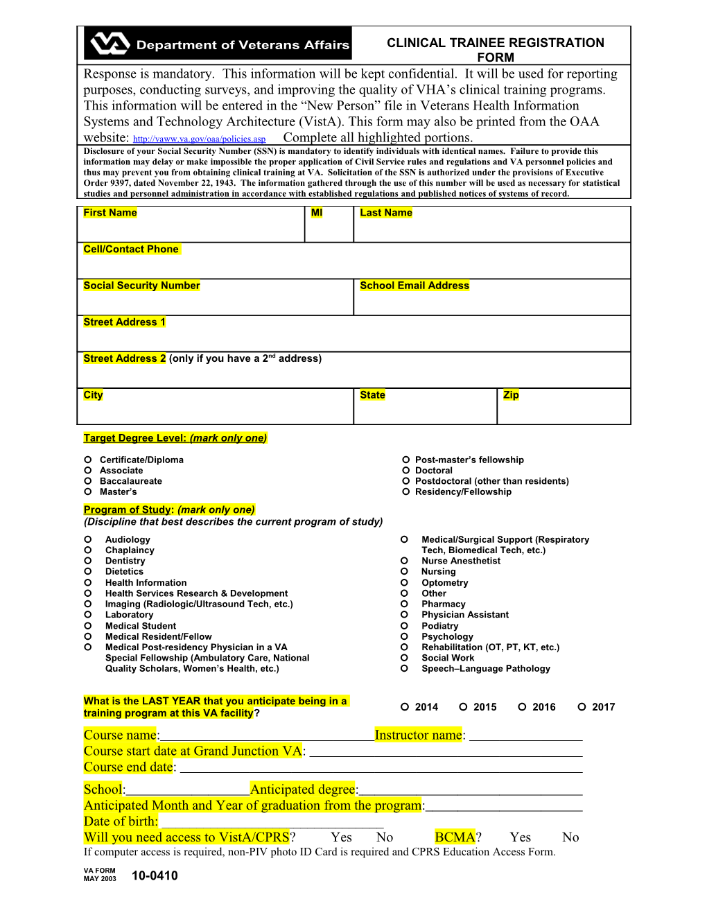 Clinical Trainee Registration Form