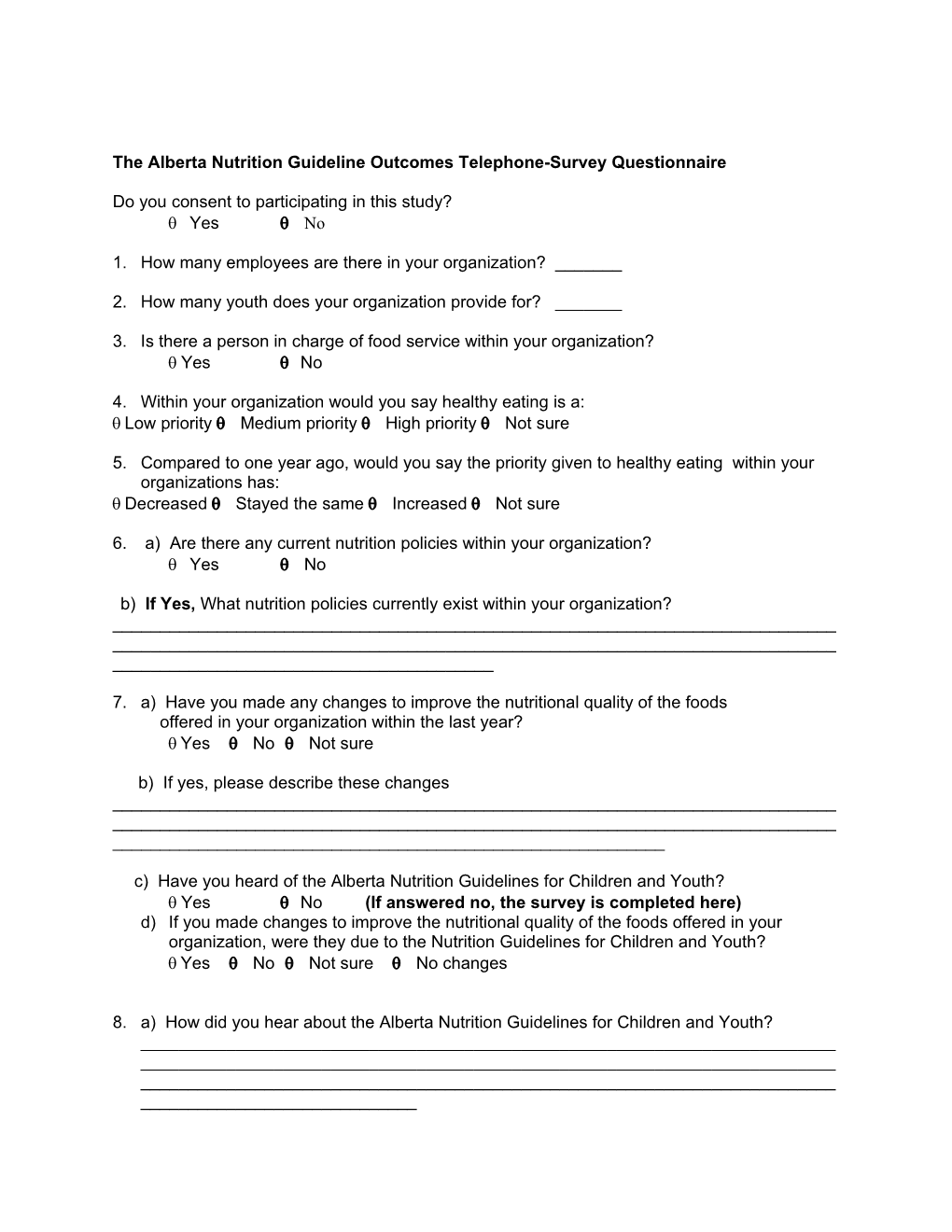 Appendix 4 Telephone Survey Questions