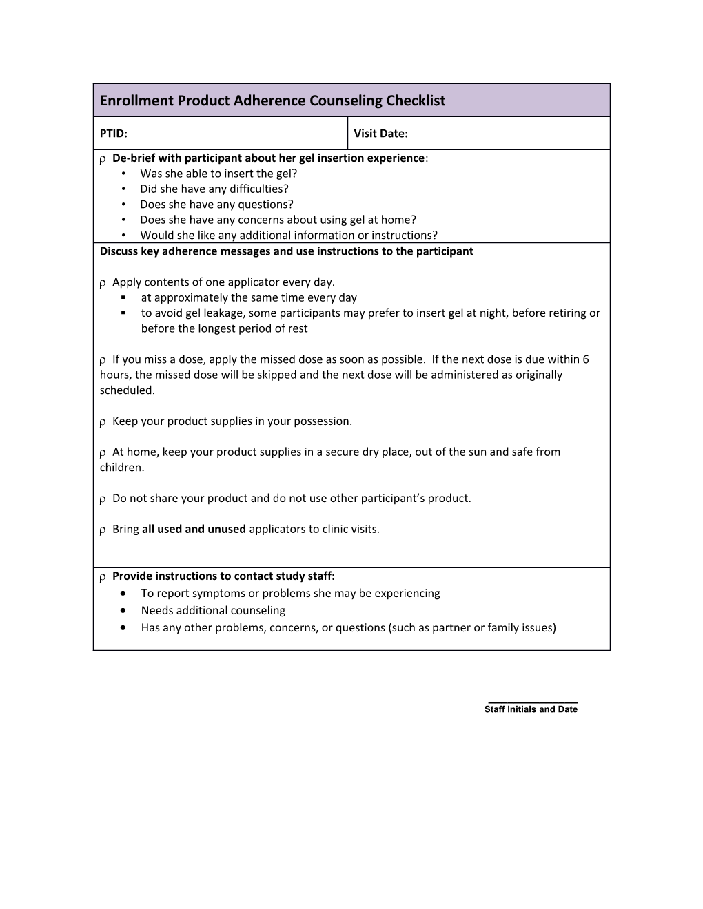 Enrollment Product Adherence Counseling Checklist