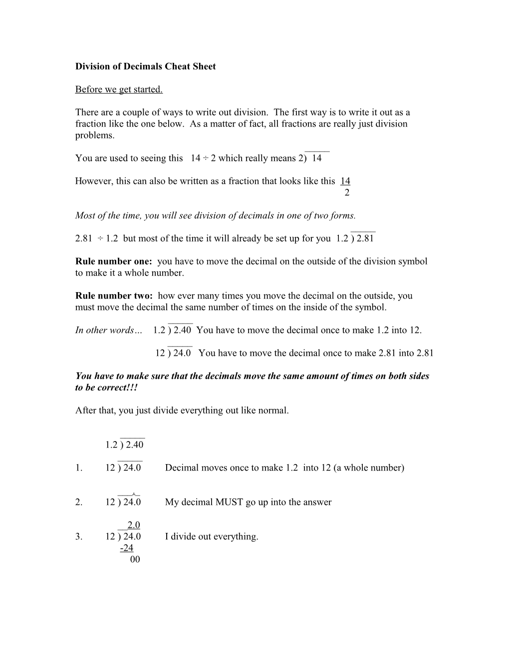 Division of Decimals Cheat Sheet