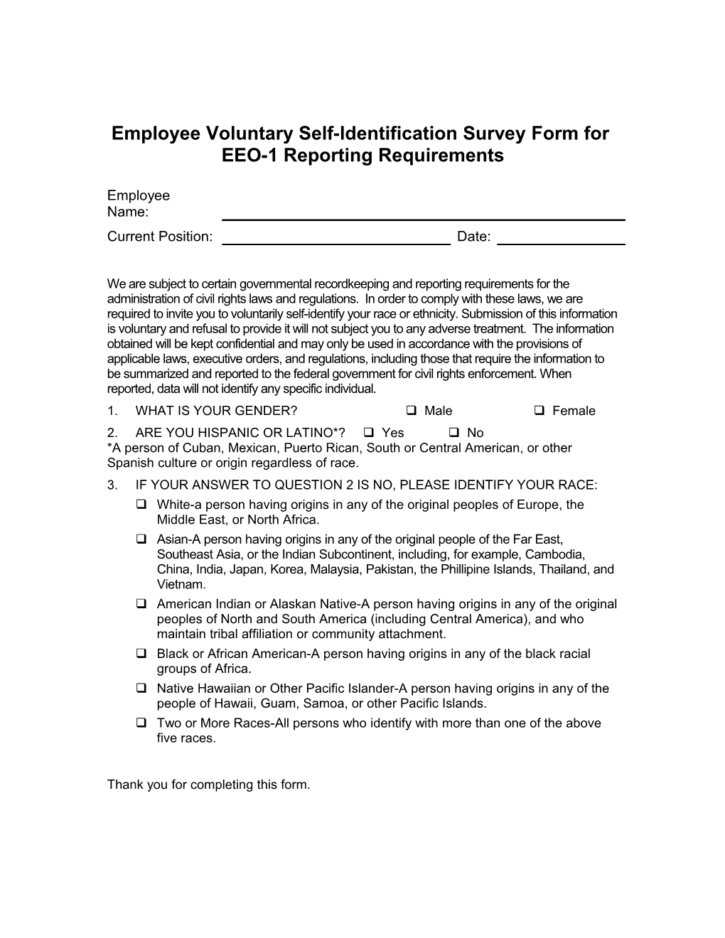 Employee Voluntary Self-Identification Survey Form for EEO-1 Reporting Requirements