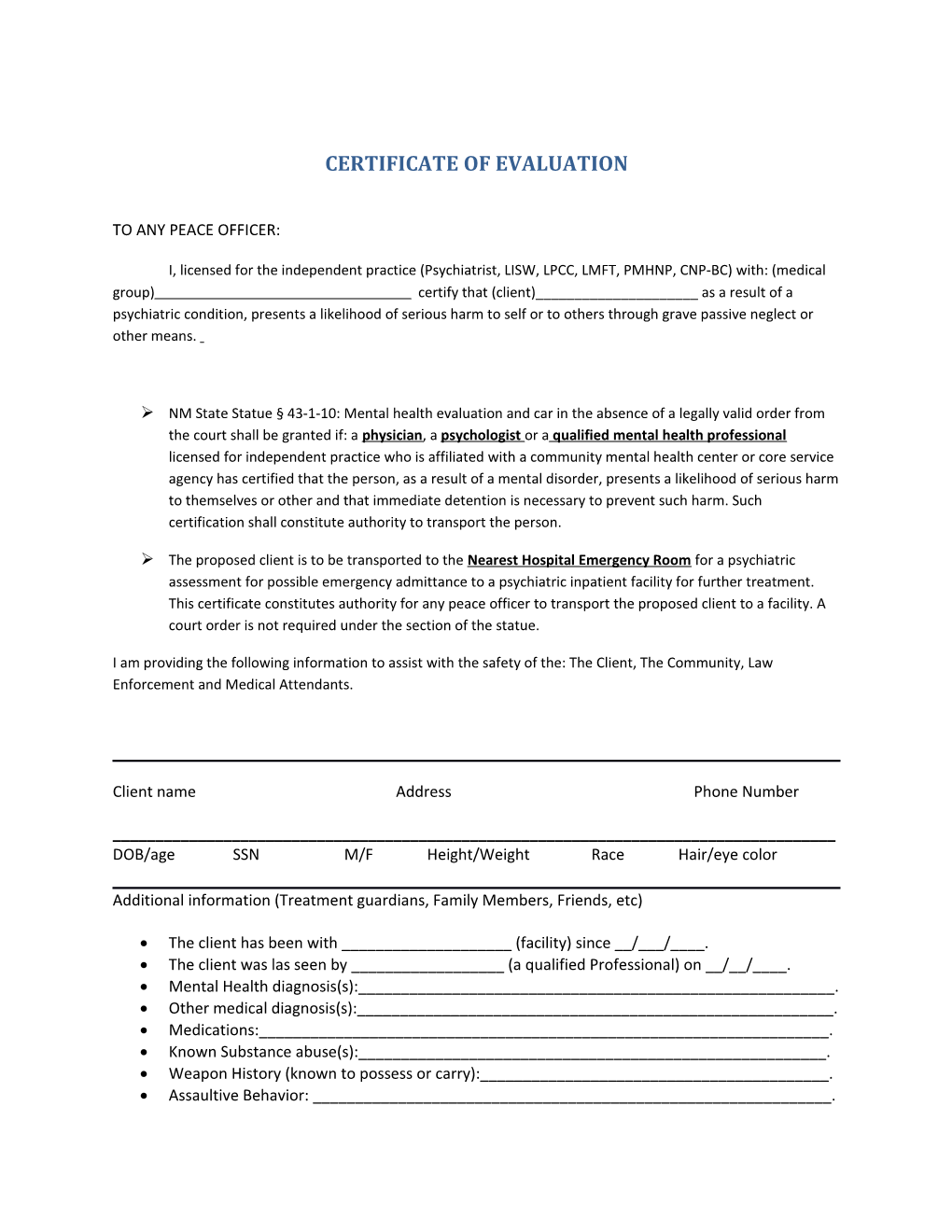 Certificate of Evaluation