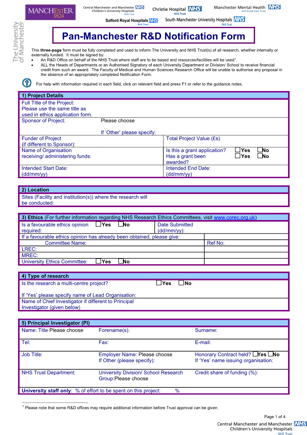 This Fully Completed, Two-Page Form Must Be Used to Inform the University and NHS Trust(S)