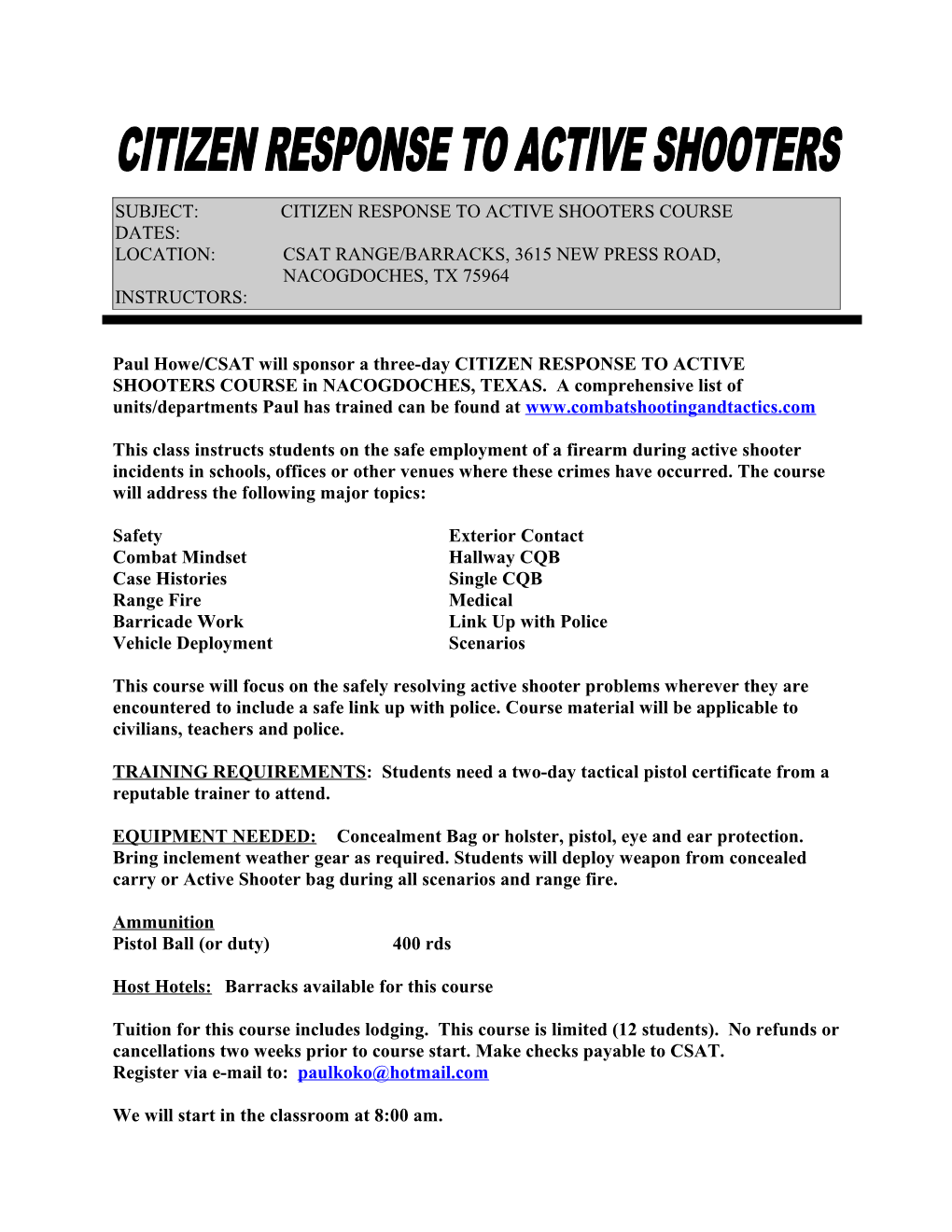 Subject: Citizen Response to Active Shooters Course