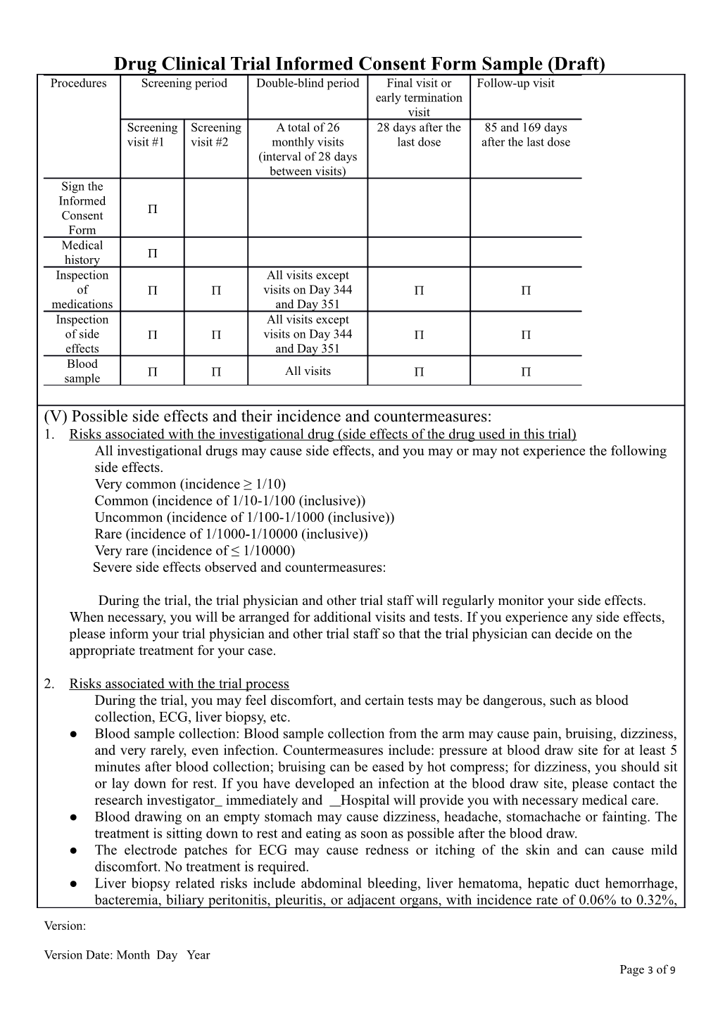 Drug Clinical Trial Informed Consent Form Sample (Draft)