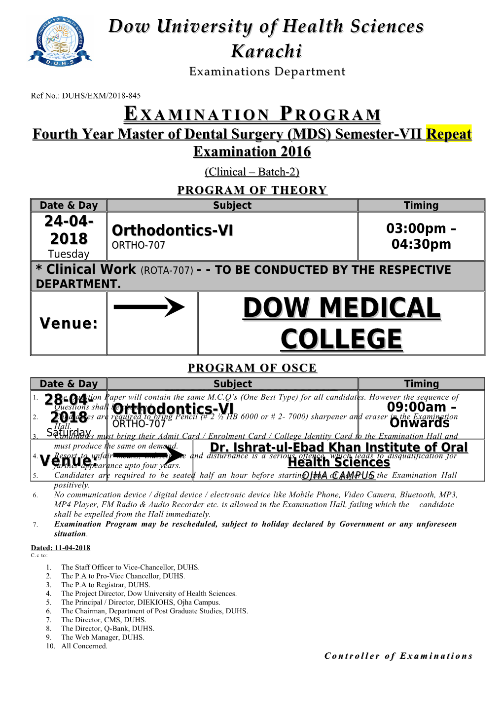 Fourth Year Master of Dental Surgery (MDS) Semester-Viirepeatexamination 2016