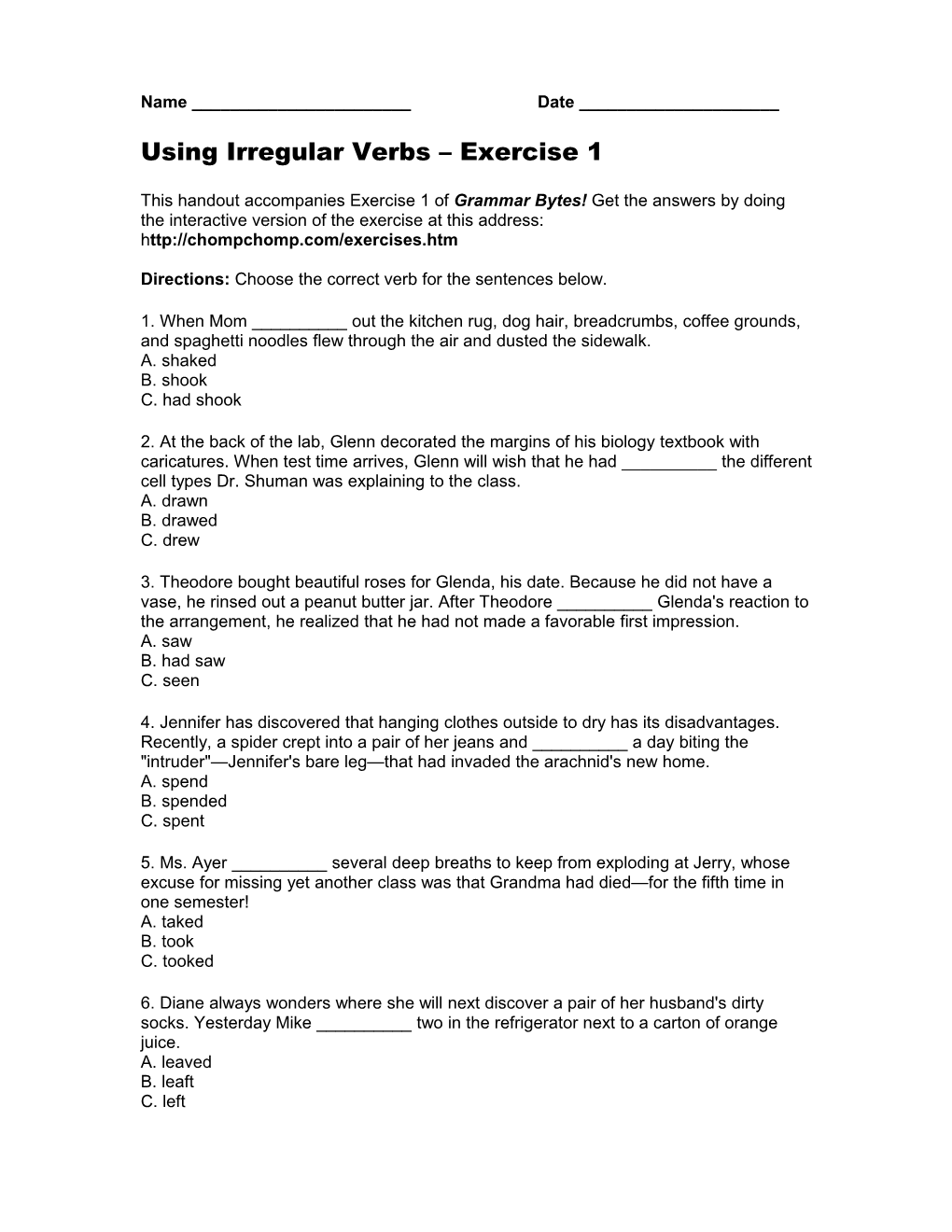 Using Irregular Verbs Exercise 1