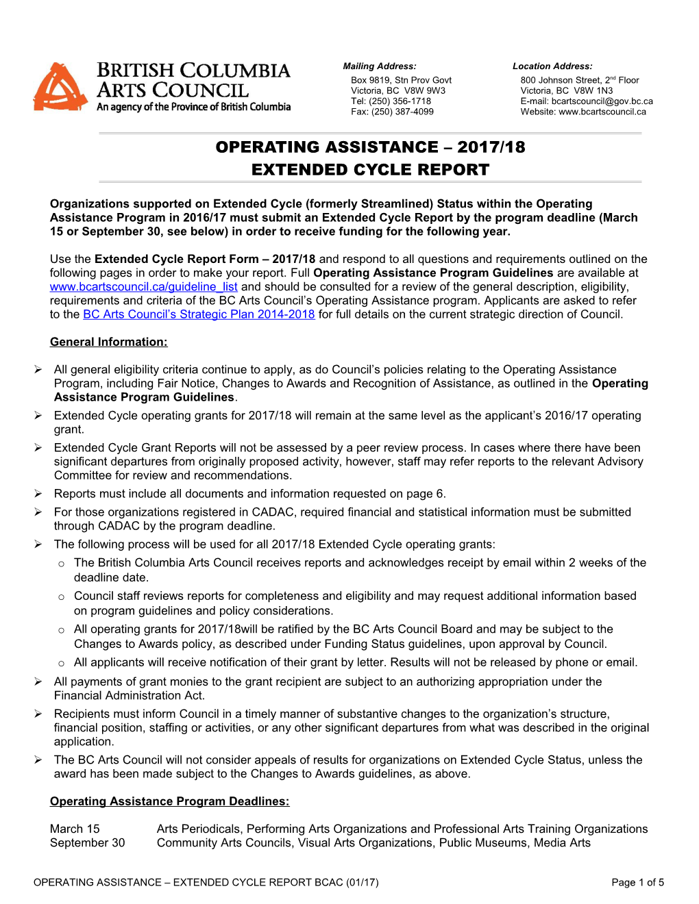 Operating Assistance 2017/18Extended Cycle Report