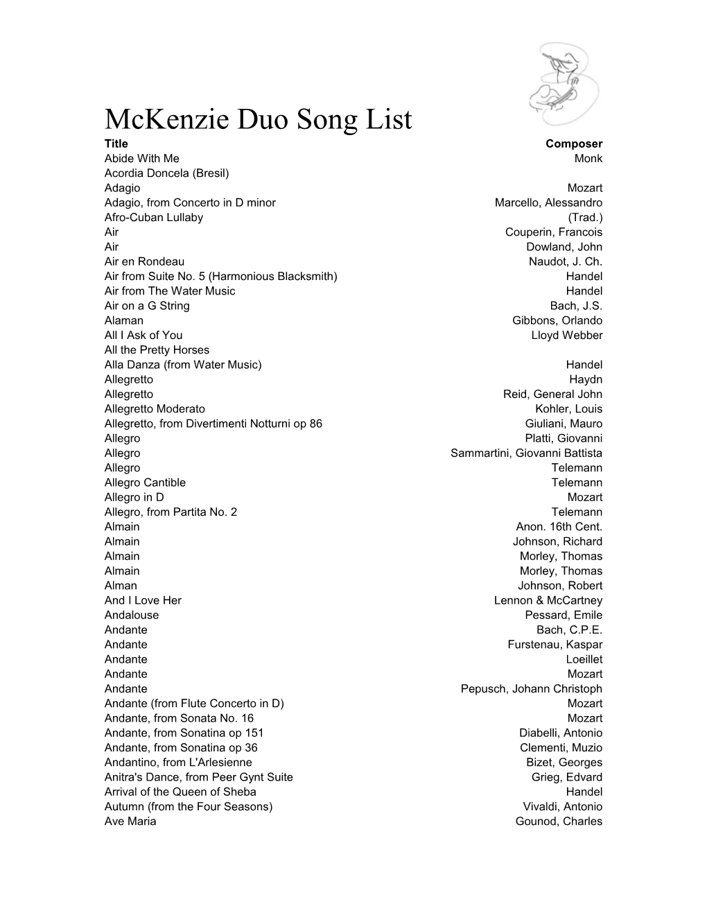 Mckenzie Duo Song List