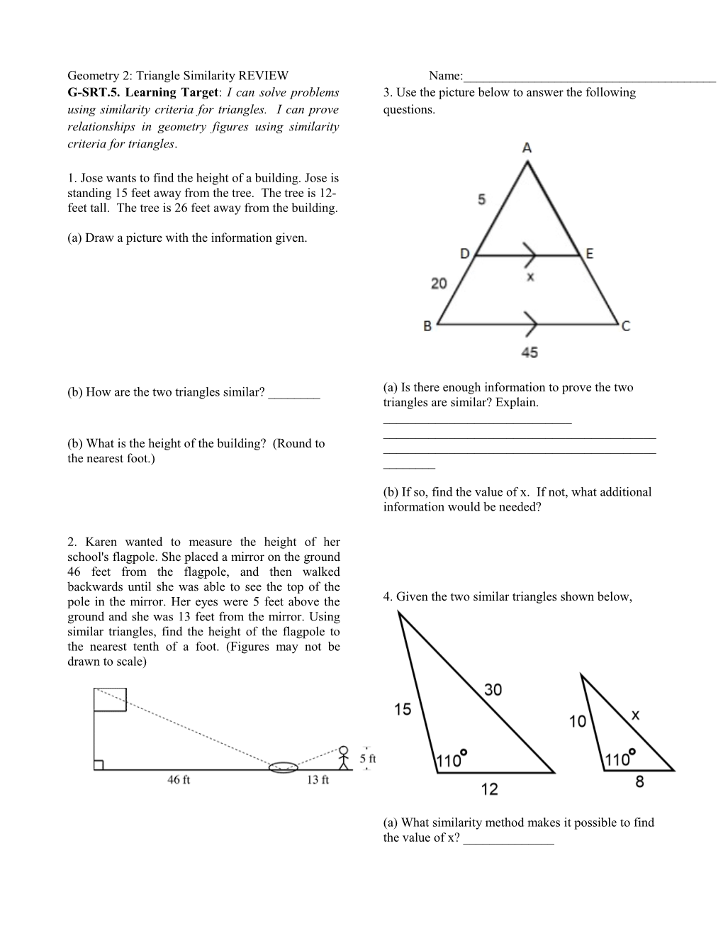 Geometry 2:Triangle Similarity Reviewname:______