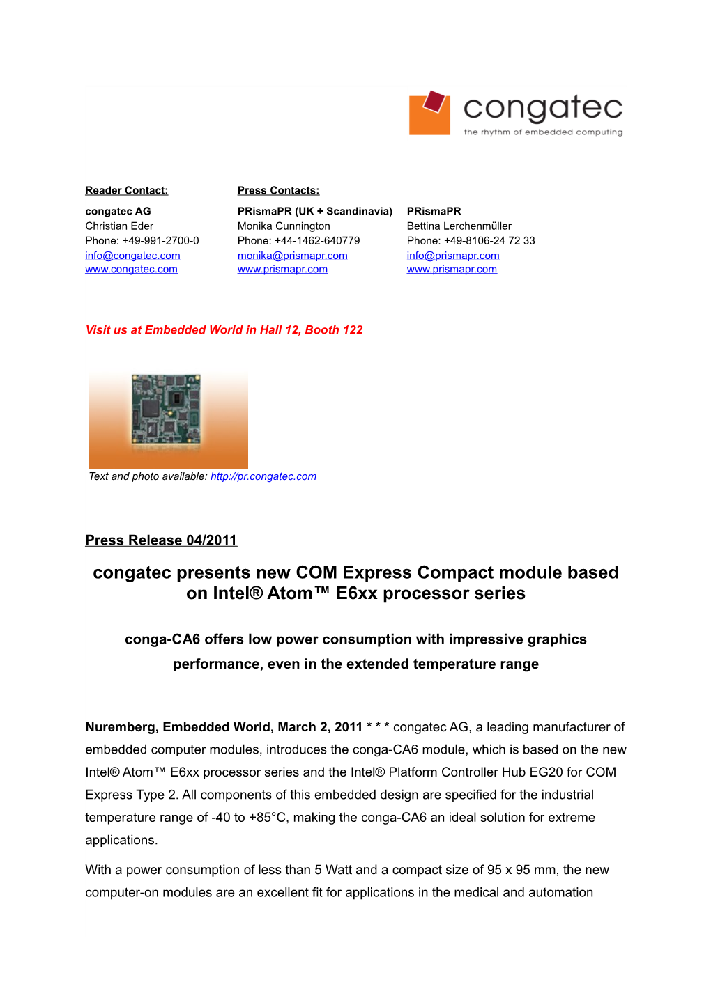 Congatec Presents New COM Express Compact Module Based on Intel Atom E6xx Processor Series