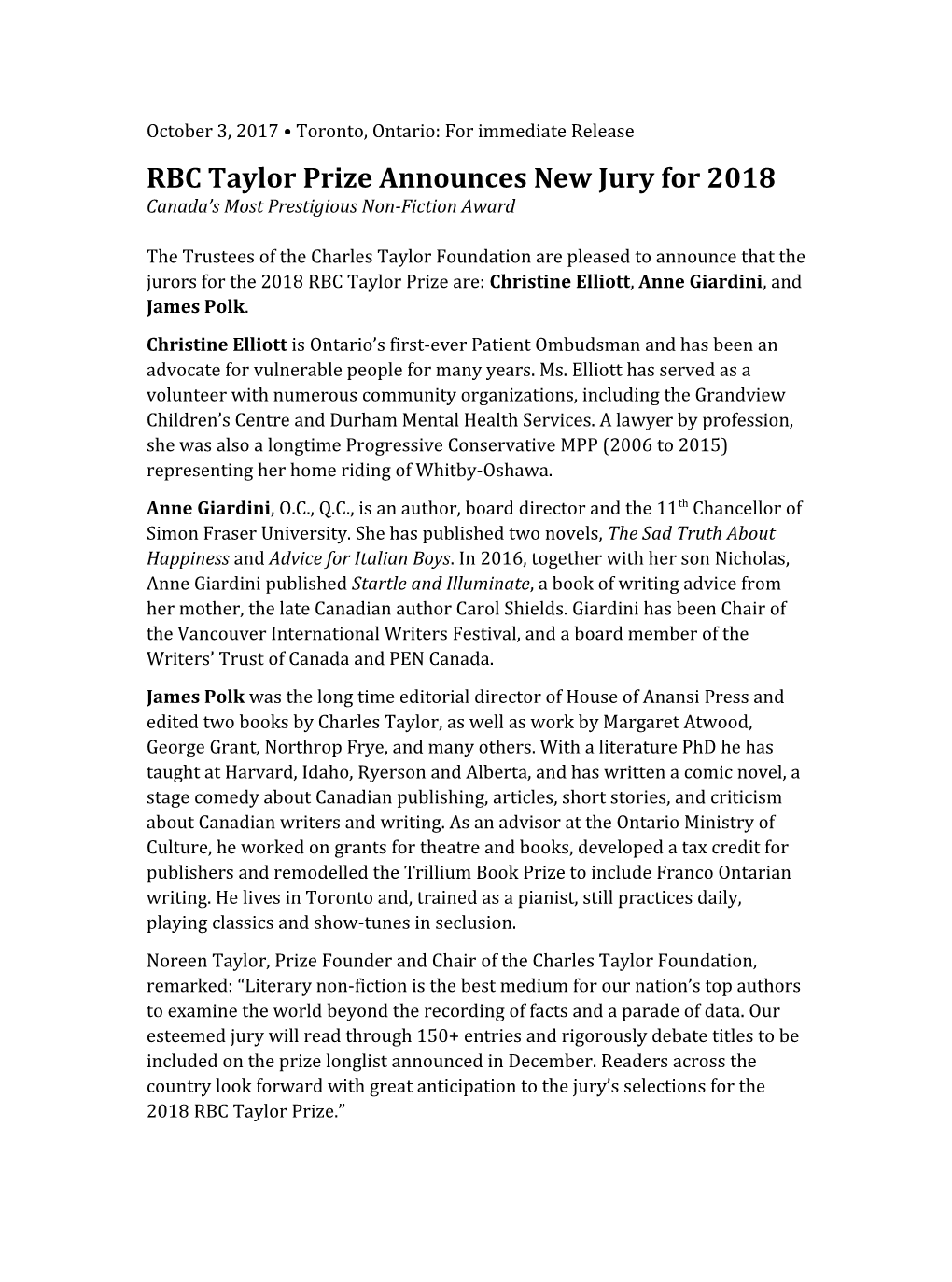 RBC Taylor Prize Announces New Jury for 2018