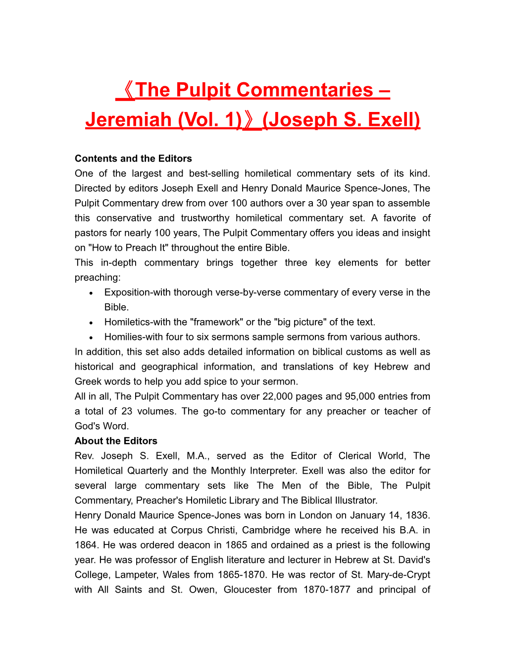 The Pulpit Commentaries Jeremiah (Vol. 1) (Joseph S. Exell)