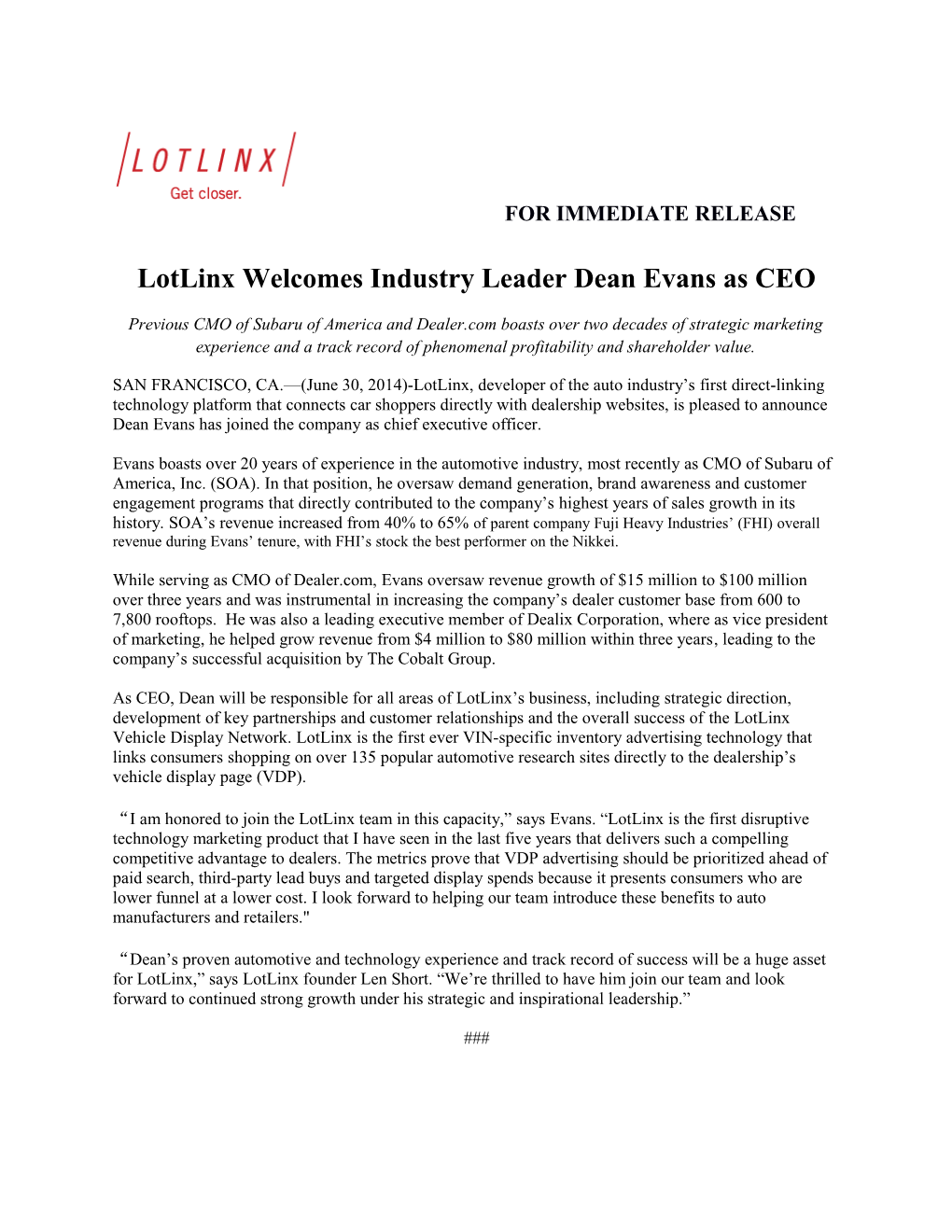 Lotlinx Welcomes Industry Leader Dean Evans As CEO