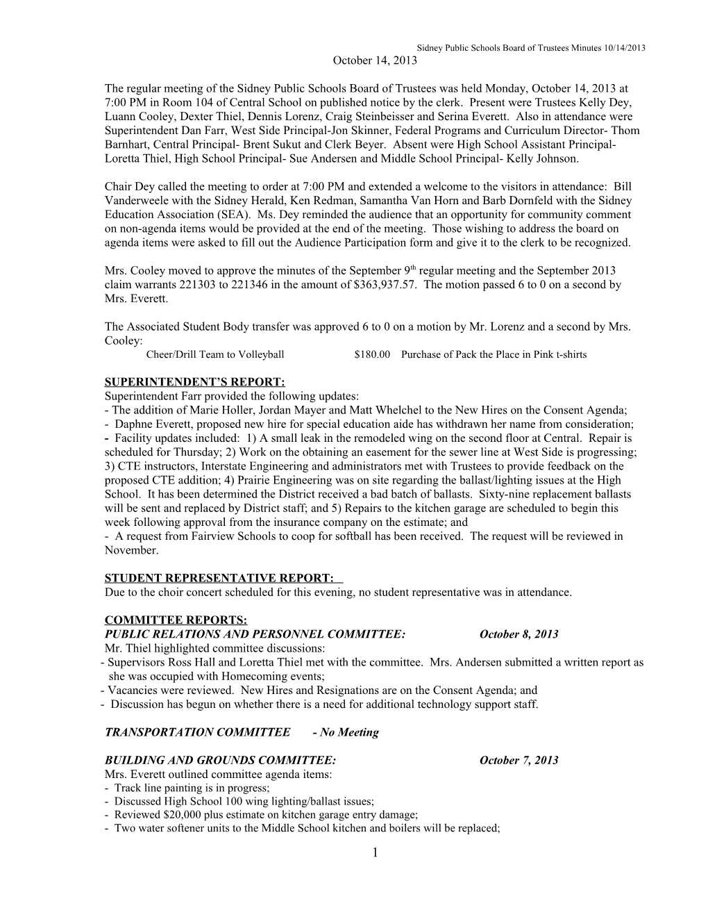 Sidney Public Schools Board of Trustees Minutes 10/14/2013