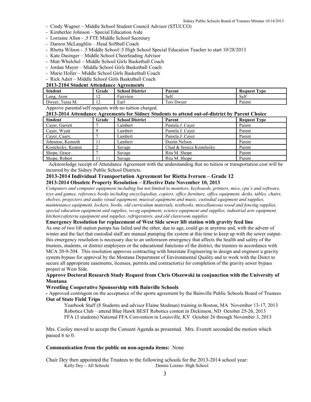 Sidney Public Schools Board of Trustees Minutes 10/14/2013