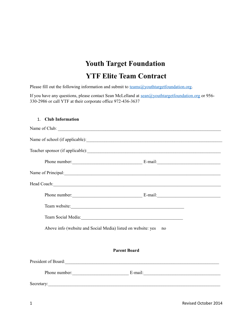 YTF Elite Team Contract